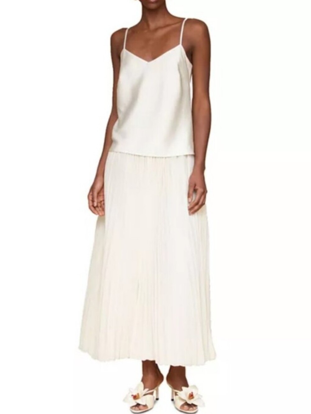 NWT Avec Les Filles Cream Pleated Maxi Dress Sz 14 Satin Cami Sleeveless Elegant